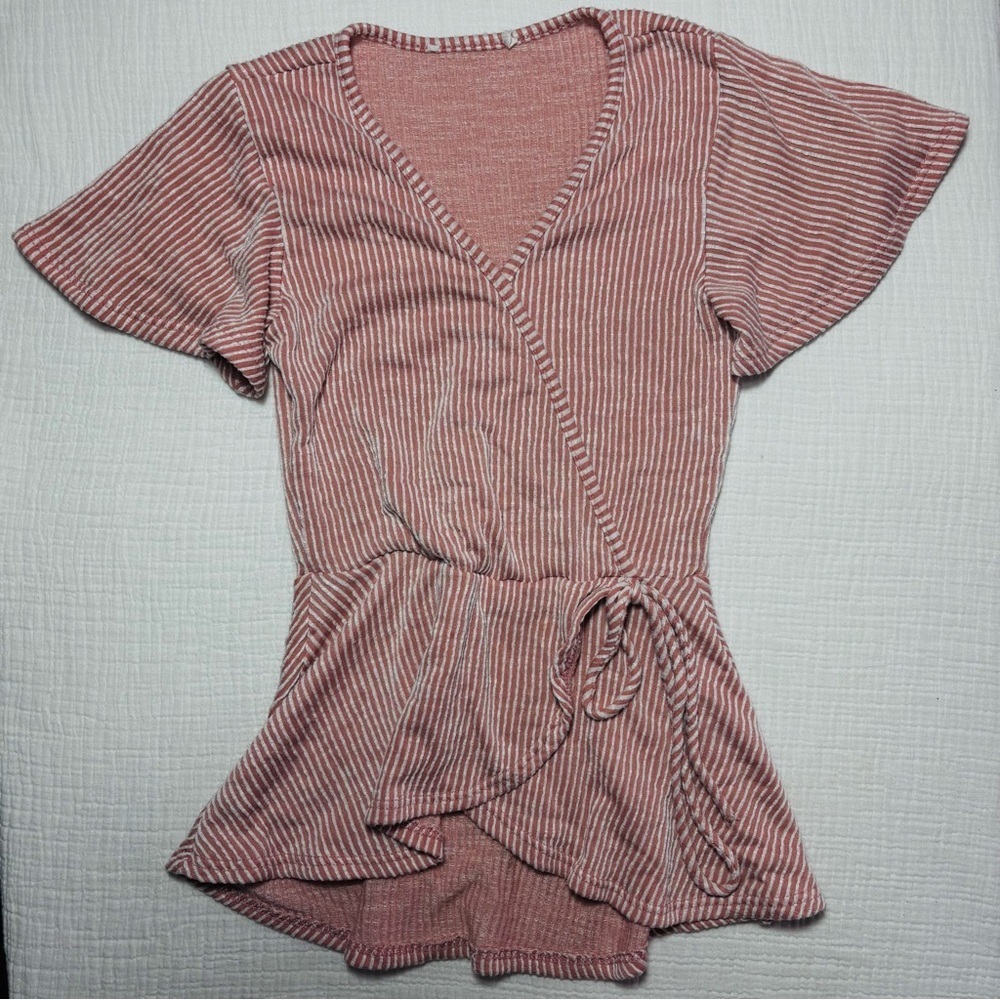 Striped V-Neck Wrap Blouse - Pink
